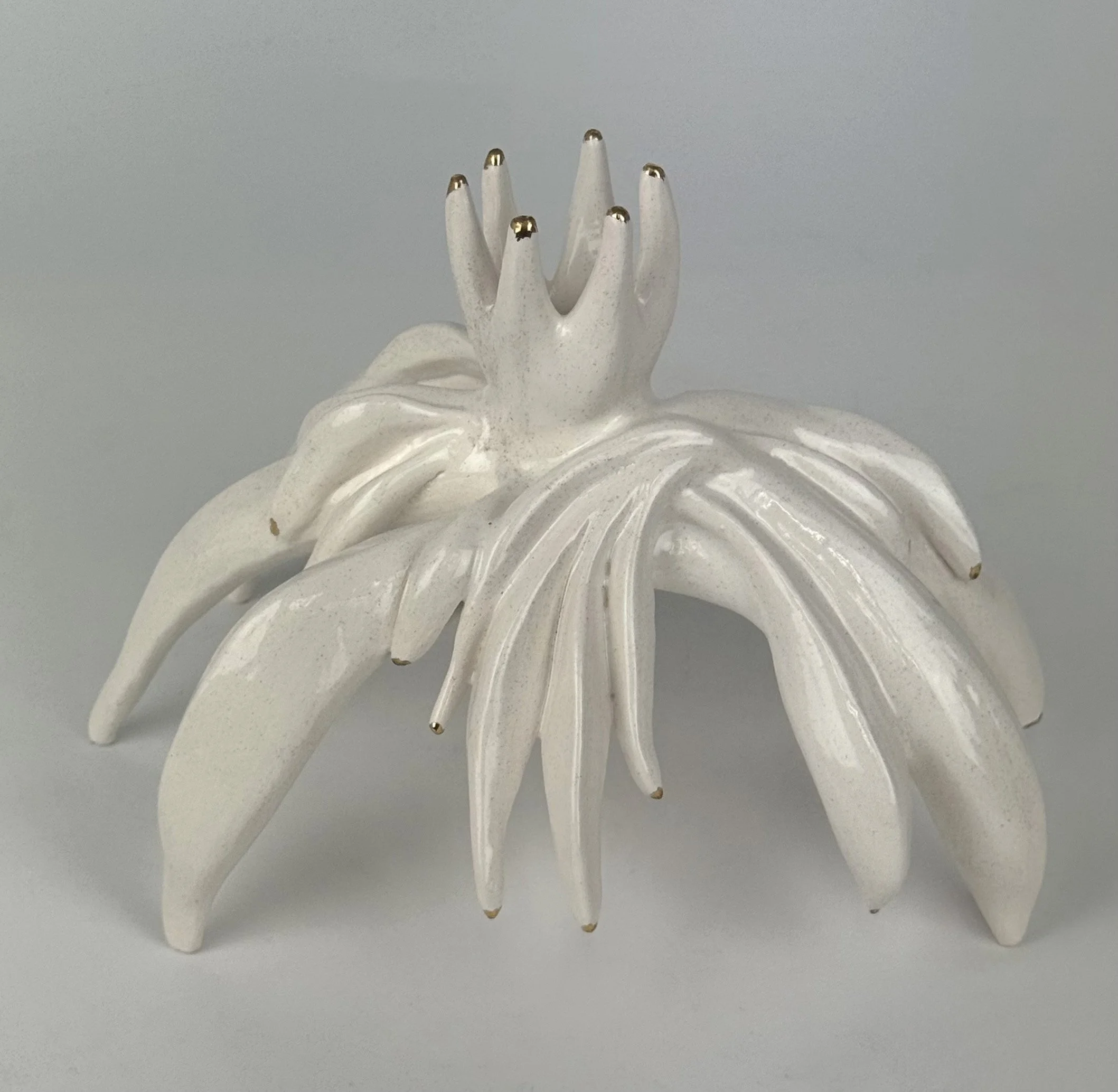 Hand-Built Decorative Flowered Candlestick, Porcelain with Gold Lustre Glaze | Approximate Dimensions 8"L x 5D" x 3"H - $170
