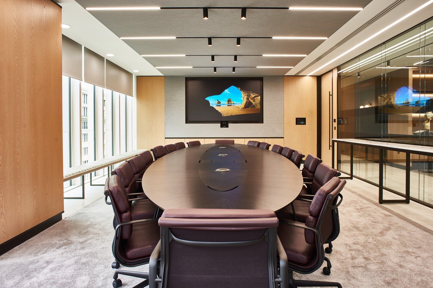 Throwback to this wonderful project with @mcm_uk and @coexistenceltd for Acadian Asset Management. 
We produced a range of elliptical, stained walnut meeting tables with PPC steel central runners. The tables were accompanied by upholstered bench seat