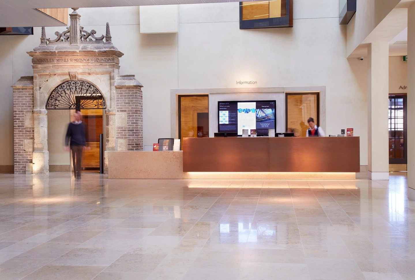 Main reception at the @bodleianlibraries | One of seven bespoke reception desks crafted as part of a wider project spanning historic rooms, offices, the transept, and gift shop. 

This piece features a refined marble box design, accented with antique