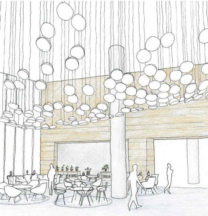 Oak veneer wall soaring 8m high at Kingdom Street, Paddington, sitting beside the coffee shop and framed by bold statement lighting to anchor the space.

#opusmagnum