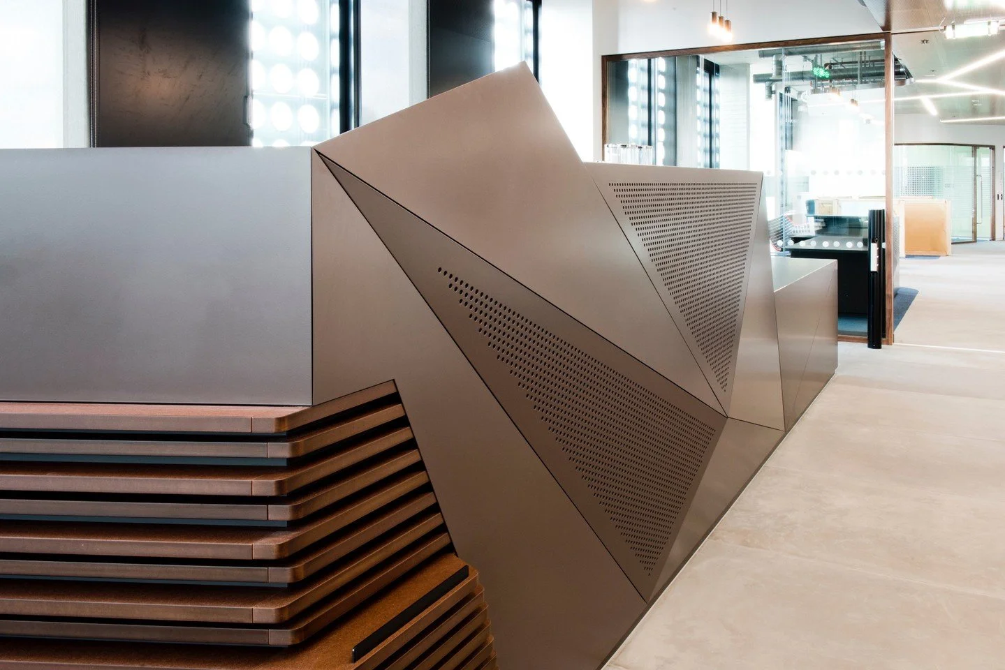 From the Archives : Throwing it back to 2017 for this standout project! 

Part of a larger fit-out for Capital One on City Road, this build featured a custom tea point and a perfectly matching reception desk.

We leaned into a rich, industrial-meets-
