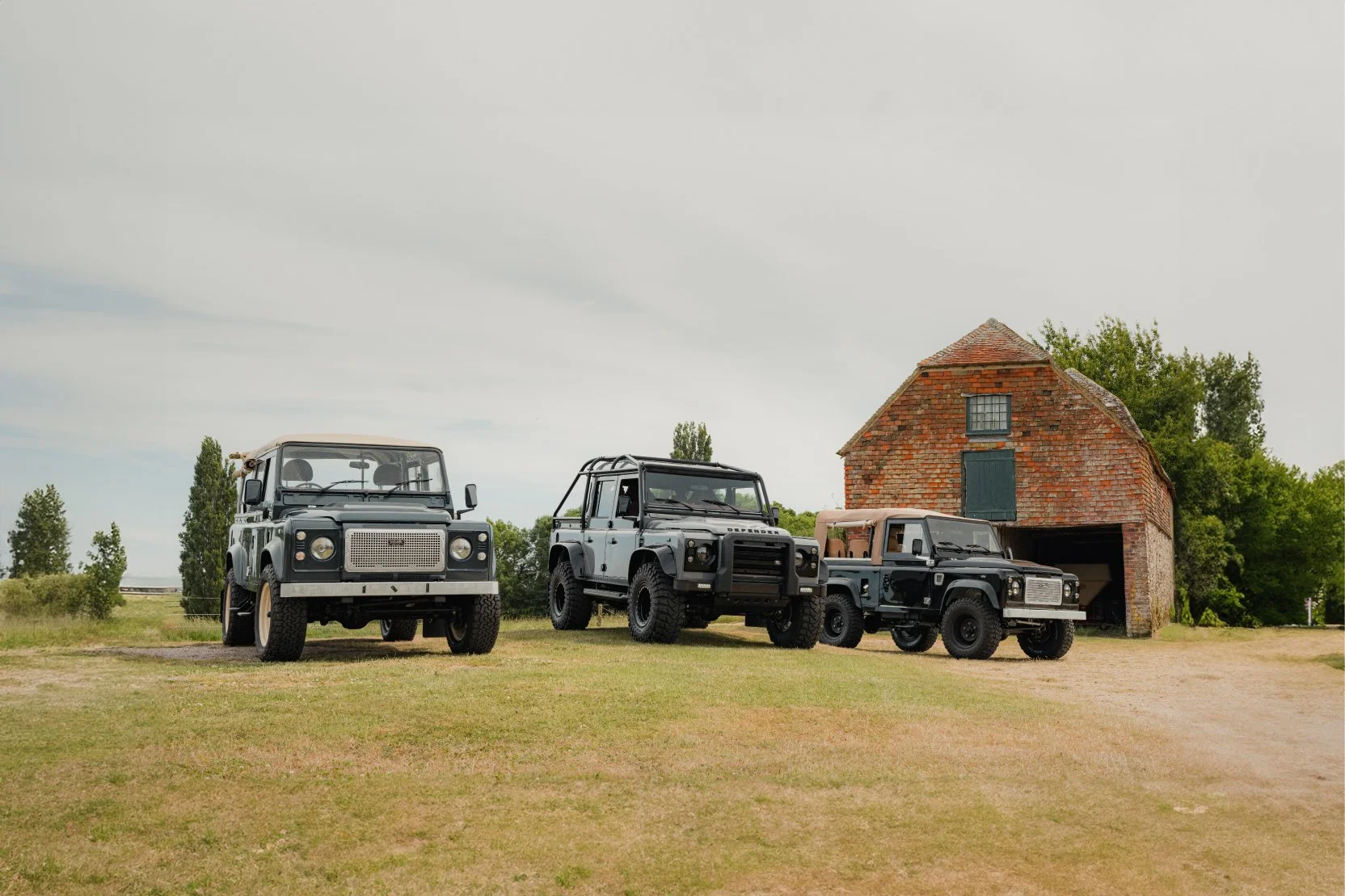 Three bespoke Land Rover Defenders at Shoreline workshop