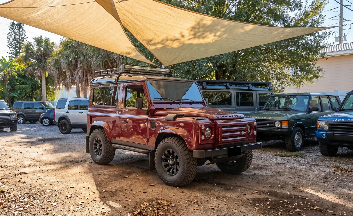 Red classic Land Rover Defender 90 Station Wagon after a mechanical refurbishment at the Shoreline Restoration Lab