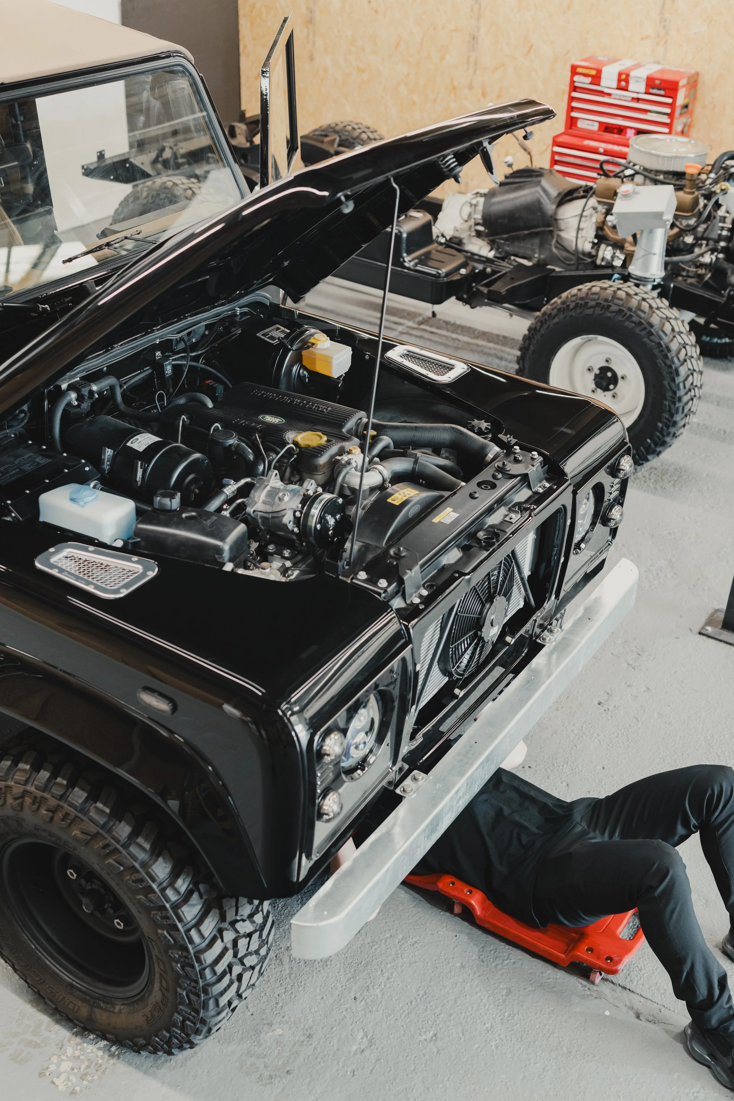 LS3 V8 engine installed in a classic Land Rover Defender at Shoreline Vehicle Design