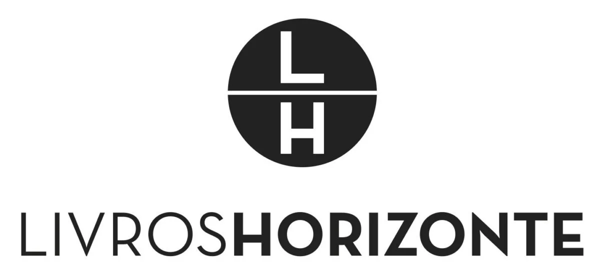 Logotipo com círculo dividido horizontalmente, contendo a letra L na parte superior e a letra H na parte inferior, seguido pelo texto "LIVRO HORIZONTE"