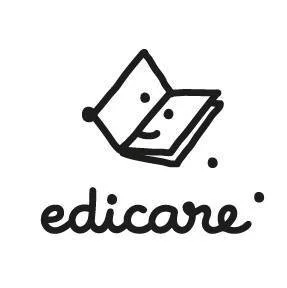 Logo com um livro aberto com rosto sorridente e o texto 'edicare' abaixo.