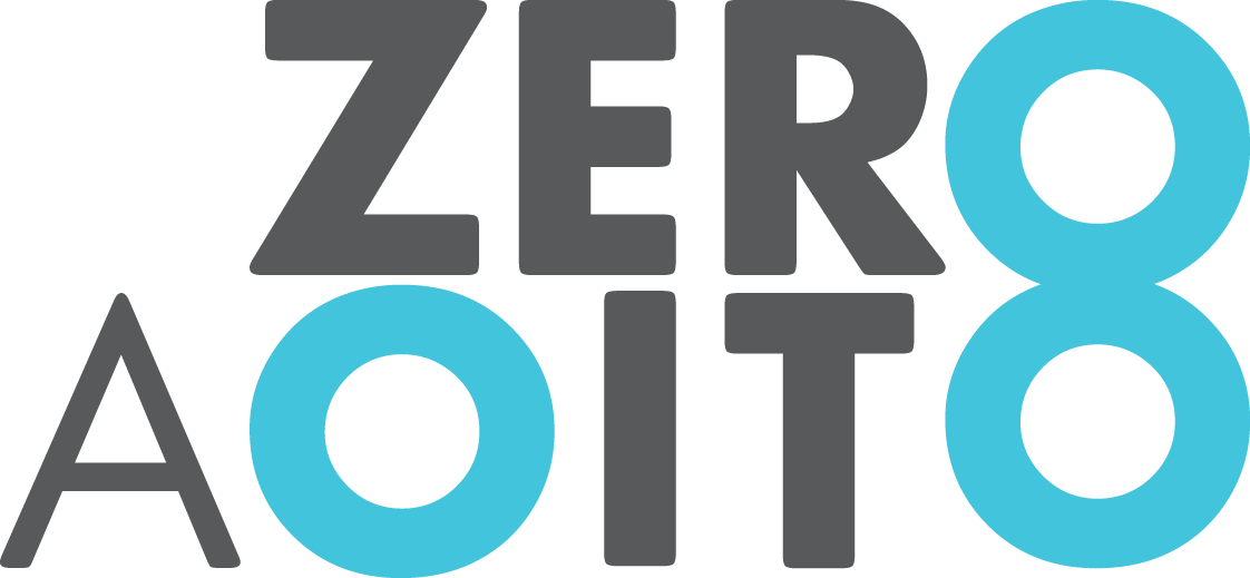 Logotipo com palavras 'ZERO' em cinza e '8' em azul em uma disposição estilizada.