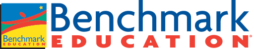 Logotipo da Benchmark Education com fundo azul e detalhes coloridos.
