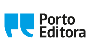 Logotipo do Porto Editora, editora portuguesa com símbolo azul e texto preto.