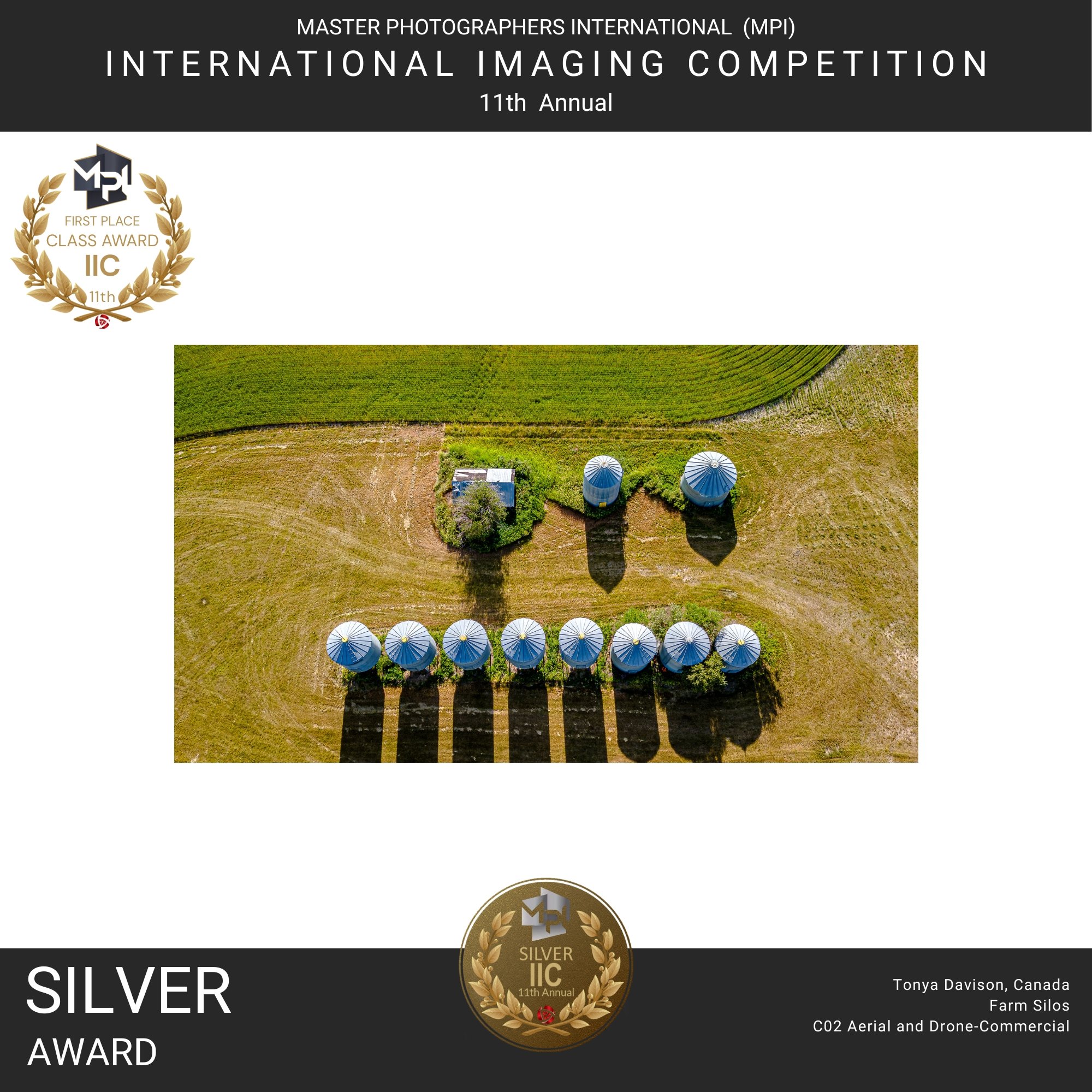 Award certificate for the 11th Annual Master Photographers International (MPI) International Imaging Competition, Silver Award, featuring a black background, gold laurel wreath, and images of farm silos.