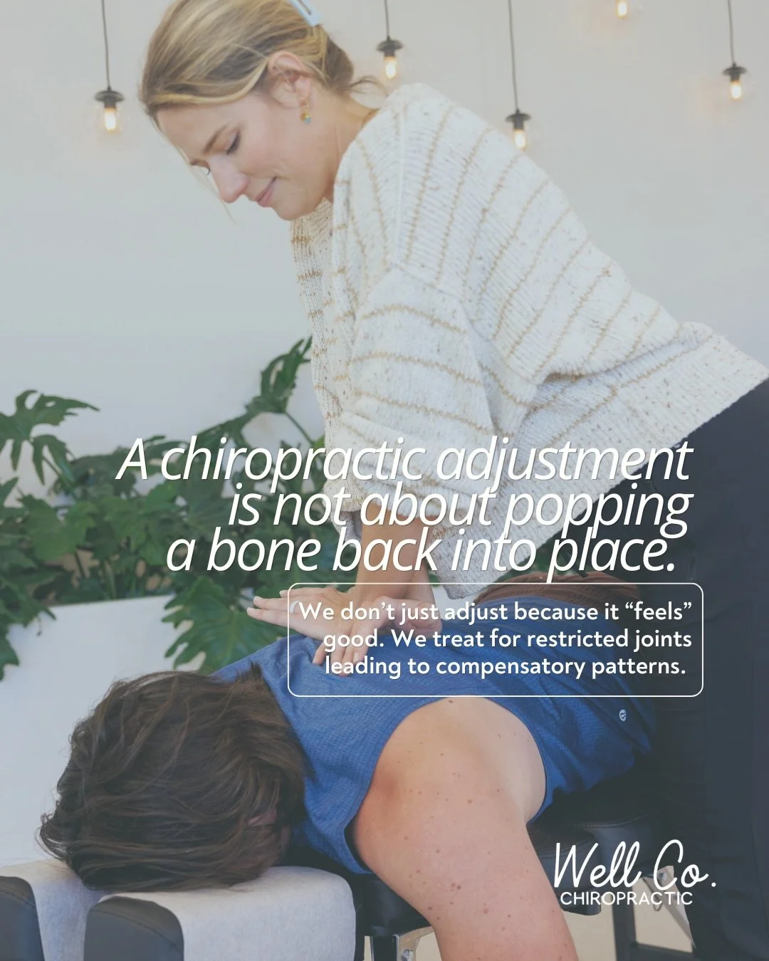 The &ldquo;pop&rdquo; isn&rsquo;t the point. Adjusting restores joint motion and reduces nerve interference. Whether you hear a sound or not has no bearing on the outcome. At Well Co, treatment is individualized. Not every patient gets adjusted, beca