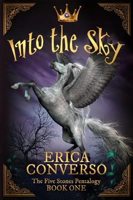 purple book cover of Into the Sky with a Pegasus rearing on it