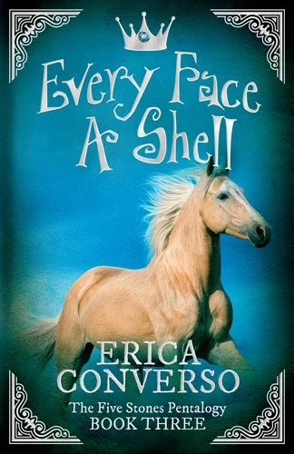 blue cover of Every Face A Shell with palomino horse running on it