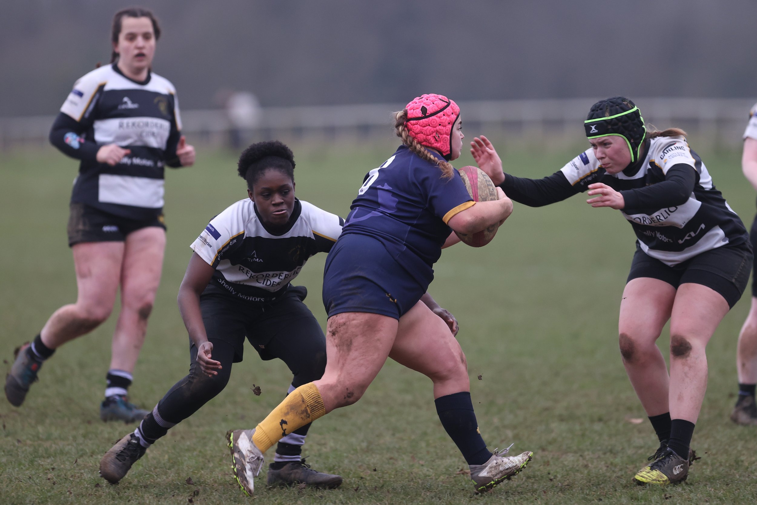 Women's rugby match with players in black and white jerseys, one player in a blue jersey with a pink helmet holding a rugby ball, and others reaching for the ball on a grassy field.