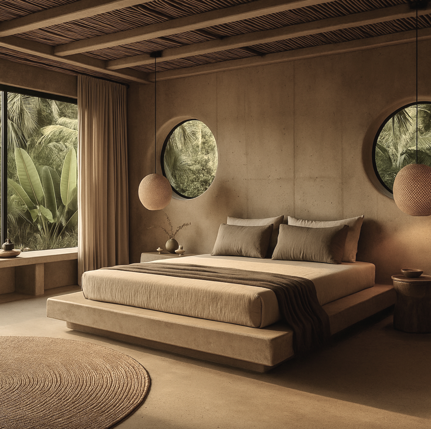 A grounded cocoon with polished textures, poured concrete base bed, rounded windows and jungle-filtered light — everything still, soft, and essential.
