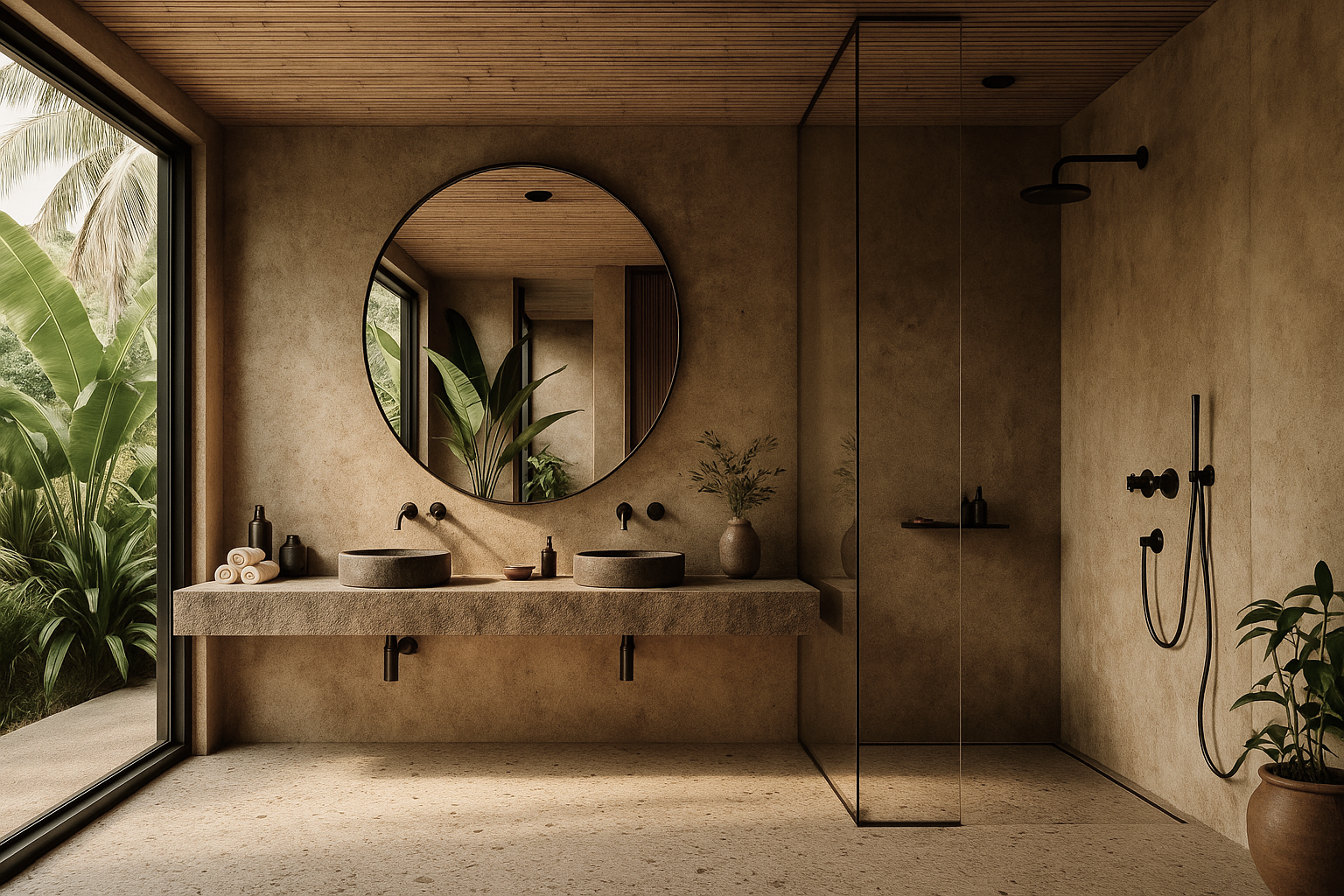 Walled in raw stone and foliage, with poured terrazzo, circular mirrors, and rain-filtered light — ritual meets refuge.
