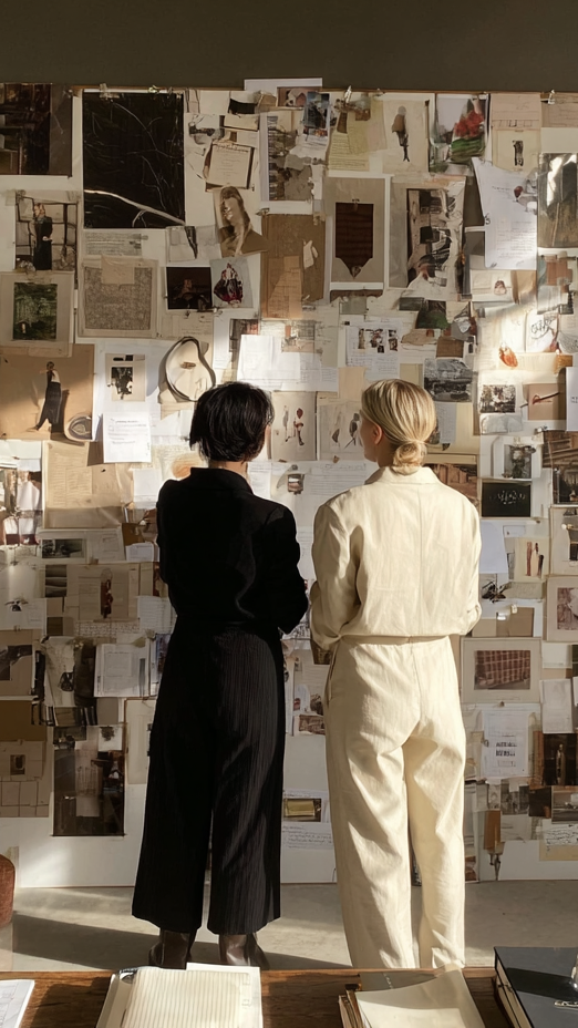 Two women with short hair and light skin look at a large bulletin board filled with various photos, notes, and papers in a room with natural light.