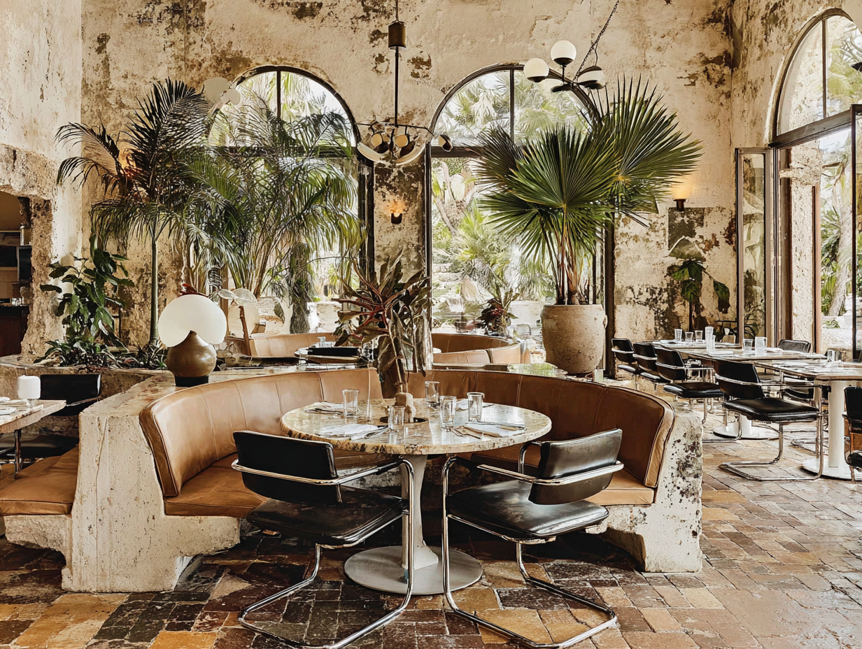 Travertine curves and textured walls.
Stone beneath your feet, light in your glass.