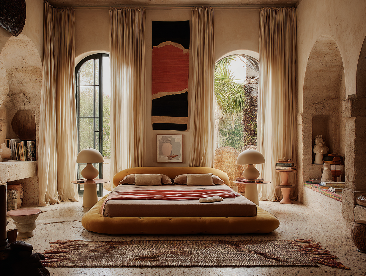 Sculptural headboard, sunset linens, and shadowed niches.