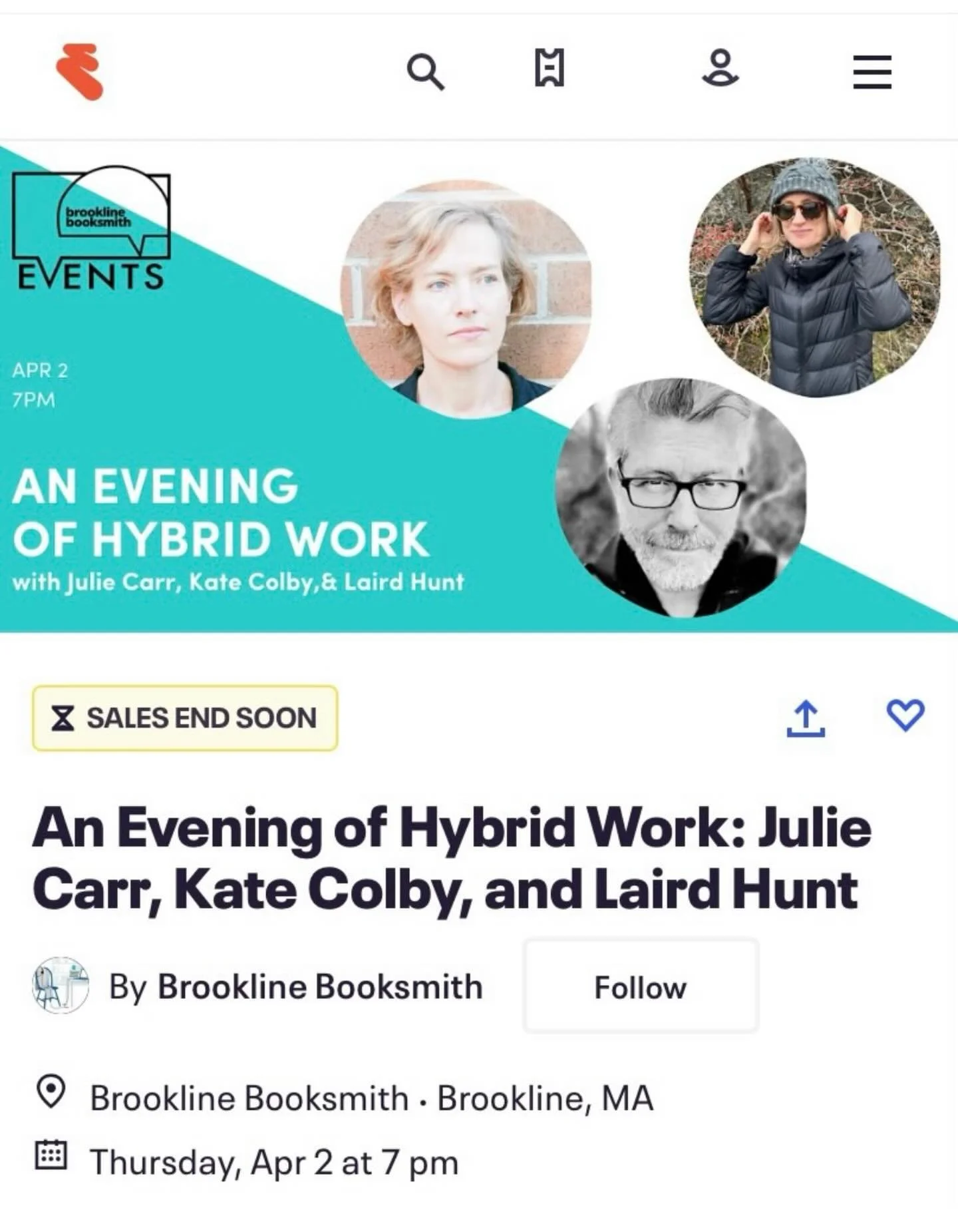 Reading tomorrow, April 2, in Brookline, with these two excellent people!