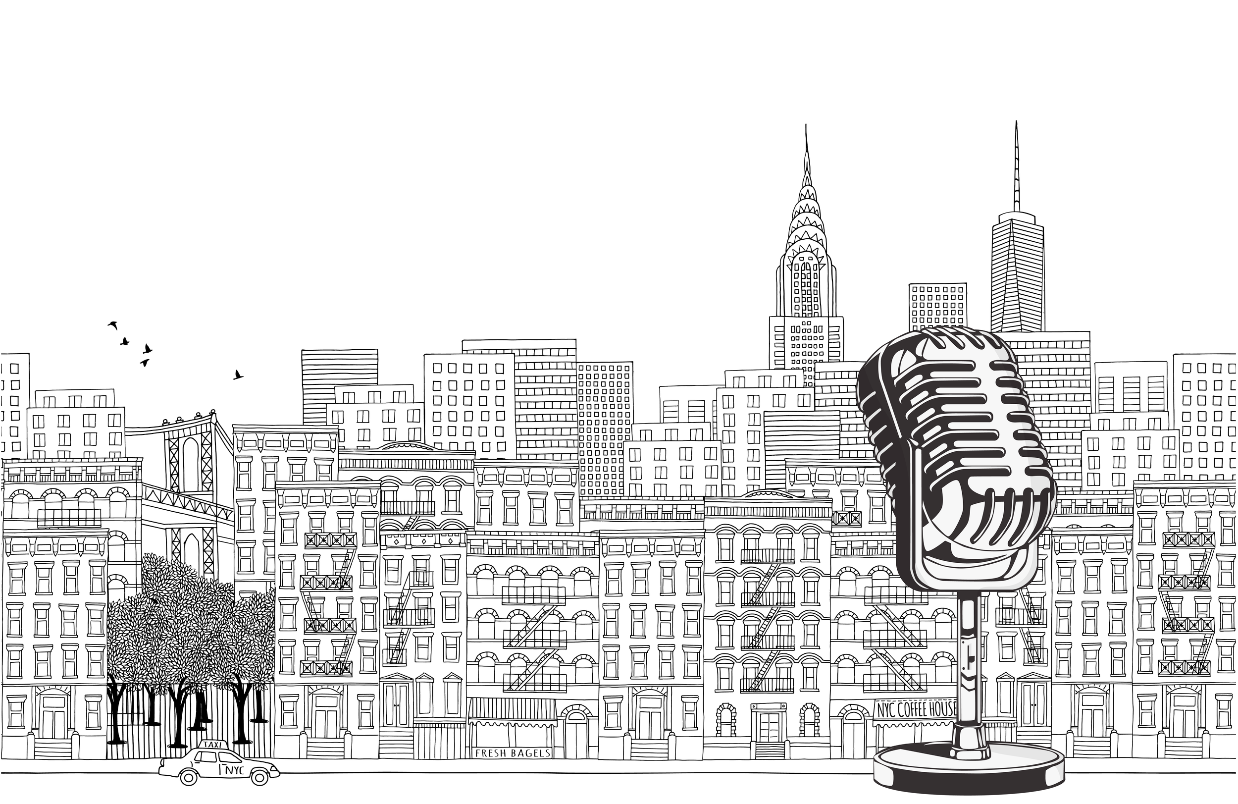 Black and white outline drawing of a New York City skyline with buildings, trees, a taxi cab, and a large vintage microphone in the foreground.
