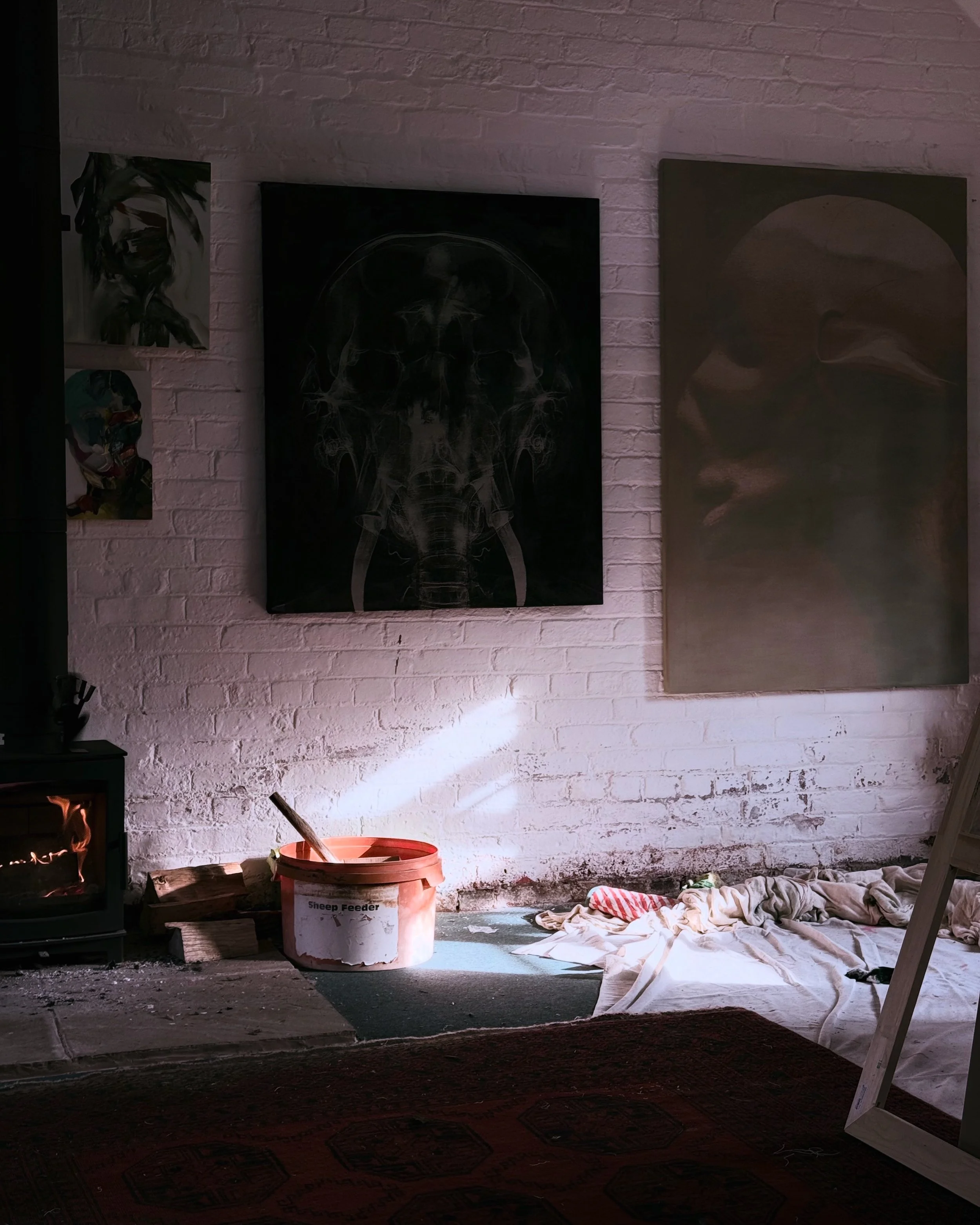 A cozy living room corner with a white brick wall decorated with multiple pieces of artwork, including a dark abstract piece, a skeleton-like image, and a portrait of a person smoking. In front of the wall, there is a wood stove burning with flames visible, and a bucket labeled 'Sheep Fleece' with a shovel inside. On the floor, there's a pile of sheets and a blanket, beside a ladder leaning against the wall. A patterned rug covers part of the floor.