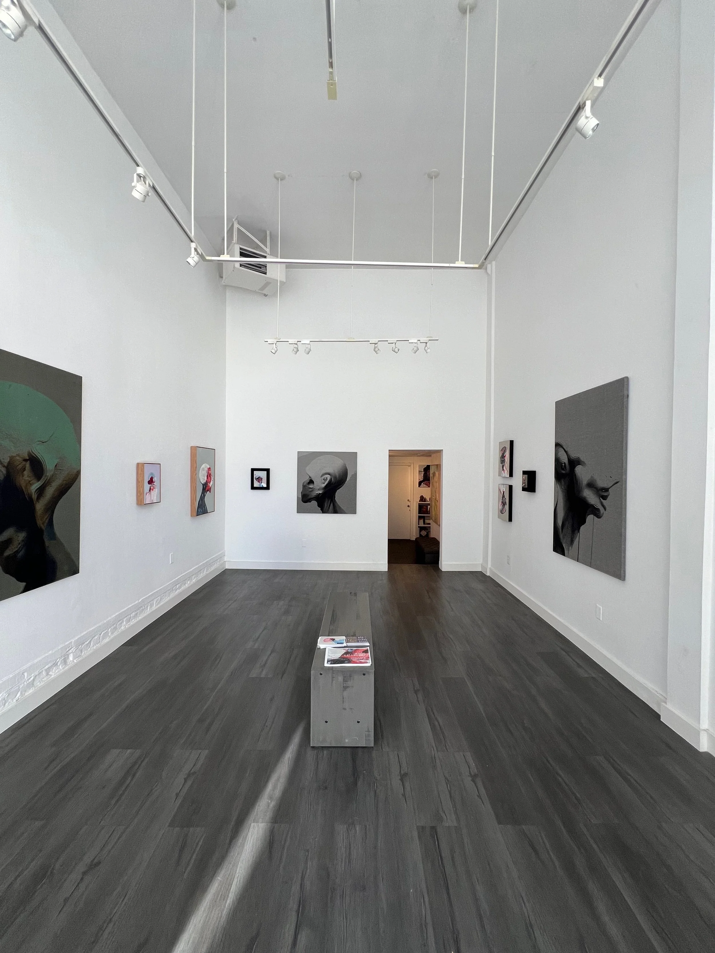 An art gallery with white walls and dark wooden floors displaying paintings of humanoid figures, some in grayscale and others in color, with one image of a head with animal-like features.