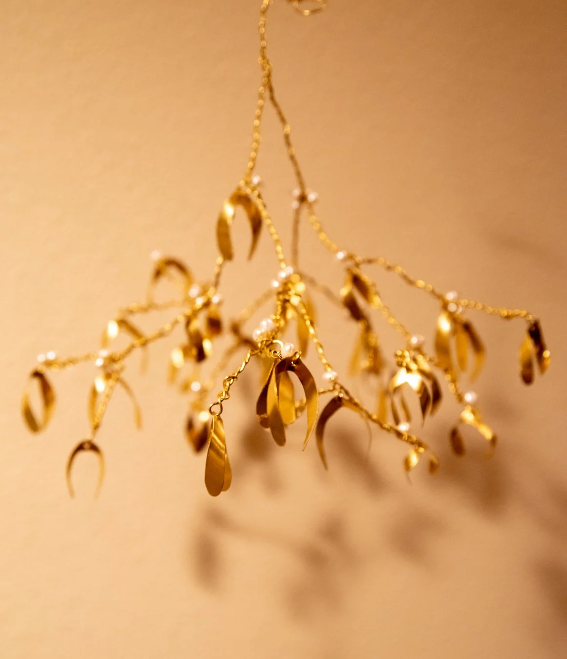 Handmade Golden Brass Mistletoe Bough with Freshwater Pearls