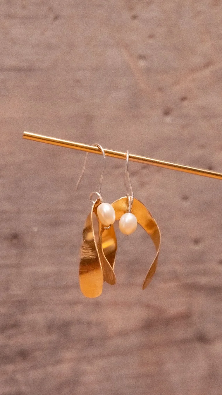 Handmade Sterling Silver, Pearl, and Brass Mistletoe Earrings
