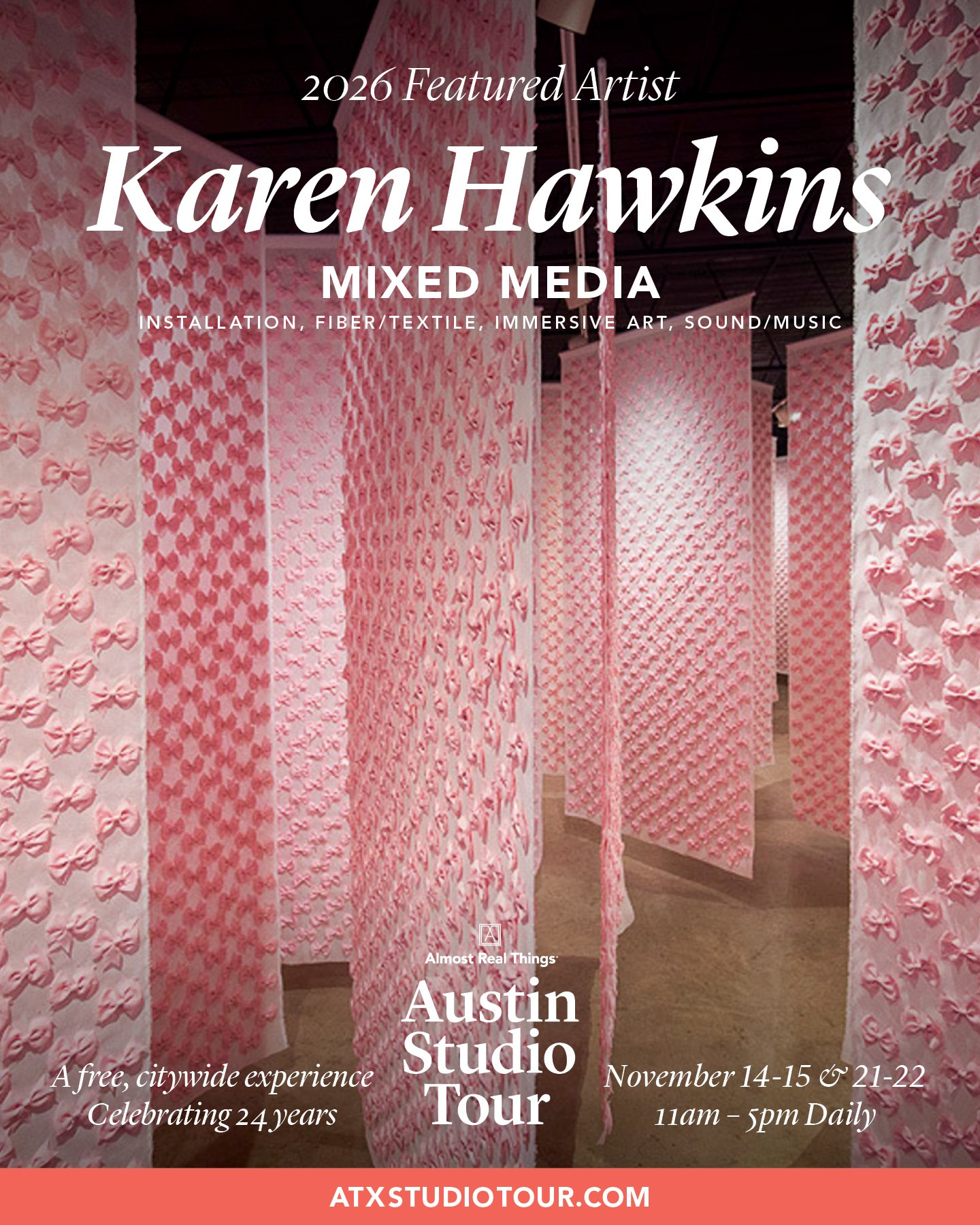 Image of pink fabric and textile panels with bow and geometric patterns, part of the Austin Studio Tour promotional poster overlay with event details and website.
