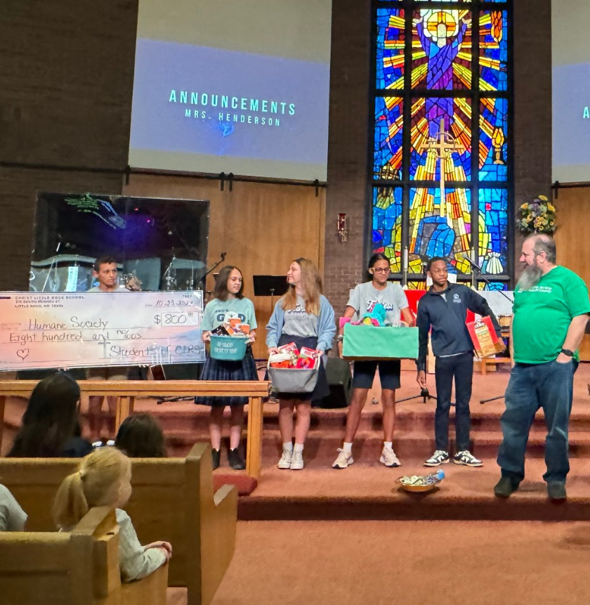 Middle school students presenting during chapel at Christ Little Rock School, a Christian school in Little Rock.