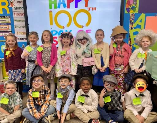 Students dressed as seniors celebrating the 100th day of school at Christ Little Rock School, a Christian school in Little Rock.