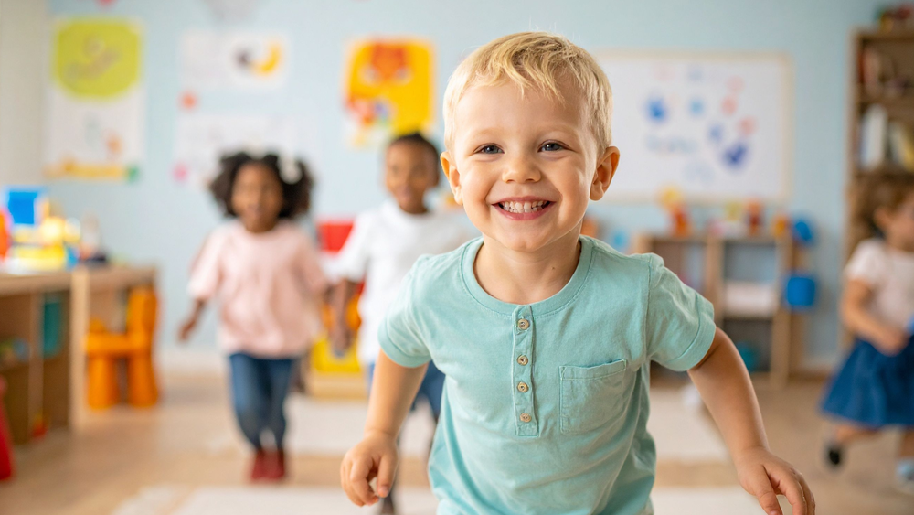Toddler enjoying play-based learning in a welcoming daycare classroom at Christ Little Rock School.