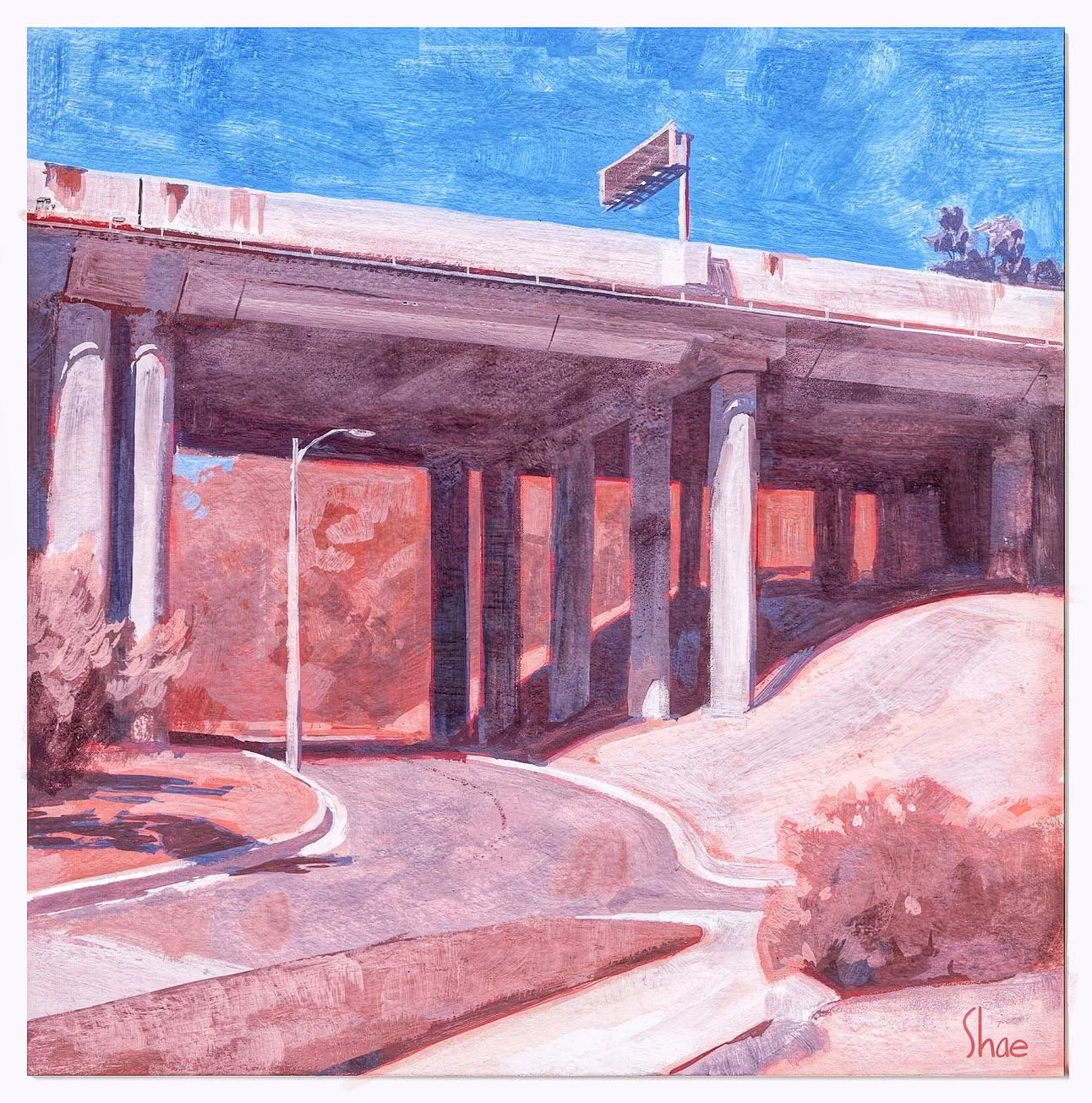 An old gouache sketch from way back when for #throwback Thursday&rsquo;s. Pasadena freeway underpass near the rose bowl and the arroyo. 

#gouache #painting #paintingdaily #pasadena #rosebowl #visualart #illustrstion #illustrationartists #illustratio