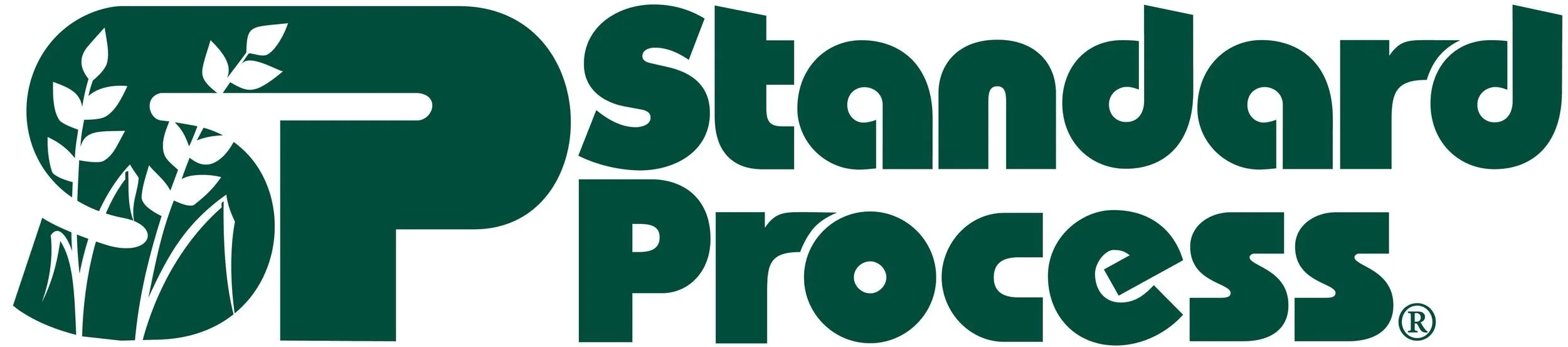 The logo for Standard Process featuring a stylized green letter P with a hand holding a plant on the left side.