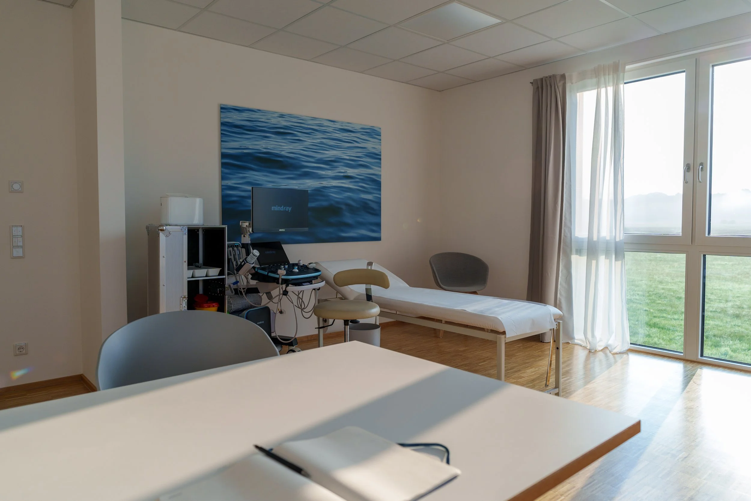 Behandlungsraum mit Untersuchungsliege, einem Stuhl, einem Bildschirm mit dem Text 'mindreay', medizinischem Equipment, und großen Fenstern mit Blick ins Freie.