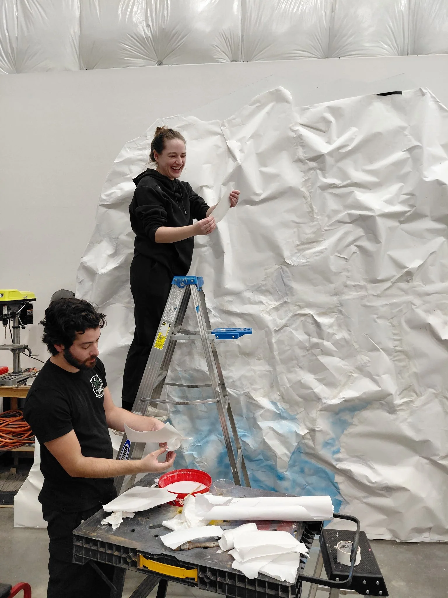 Darcy with Angel Fuentes assembling an Iceberg for "Goat" movie promo