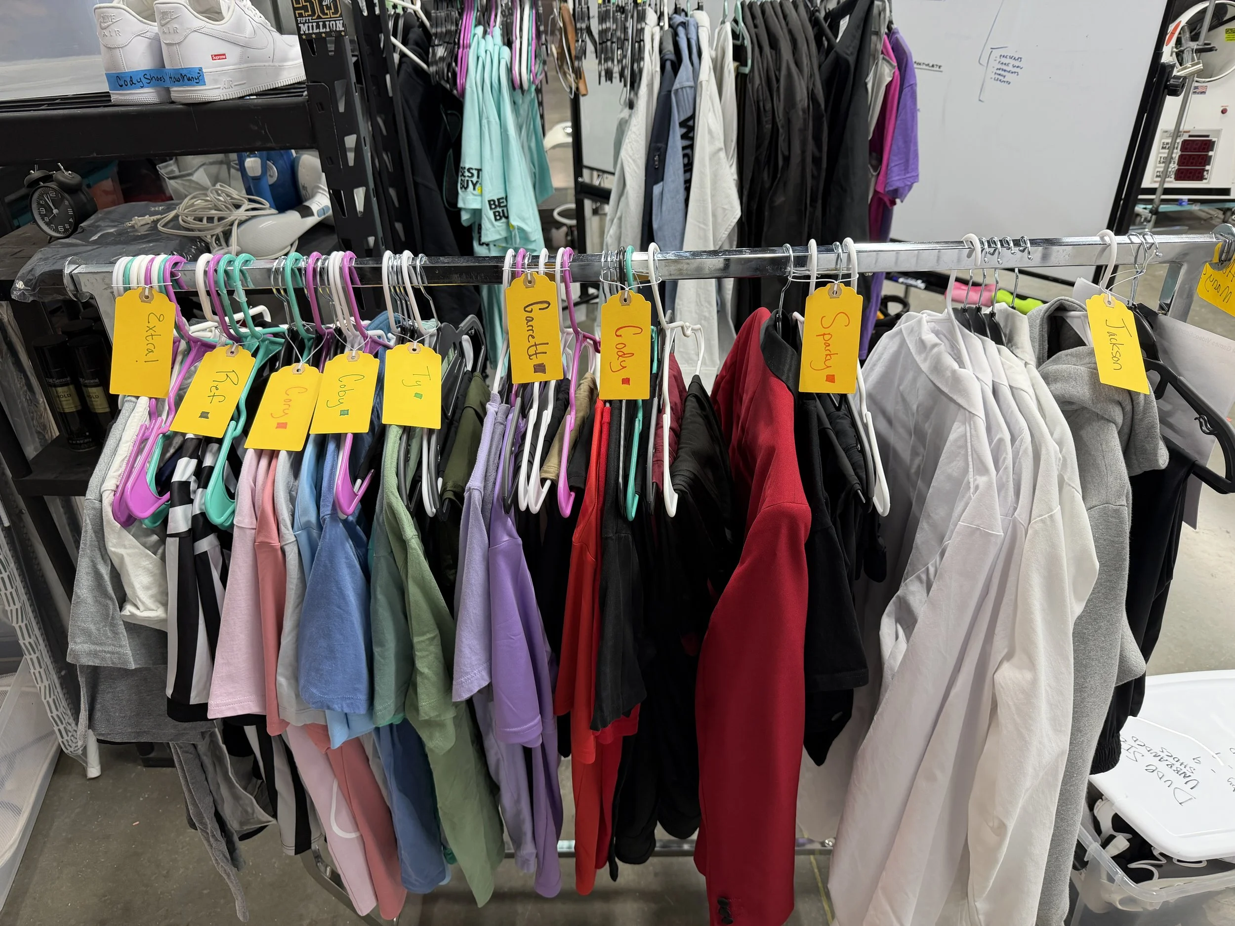 Darcy's organization of Dude Perfect Wardrobe for "How Many" video