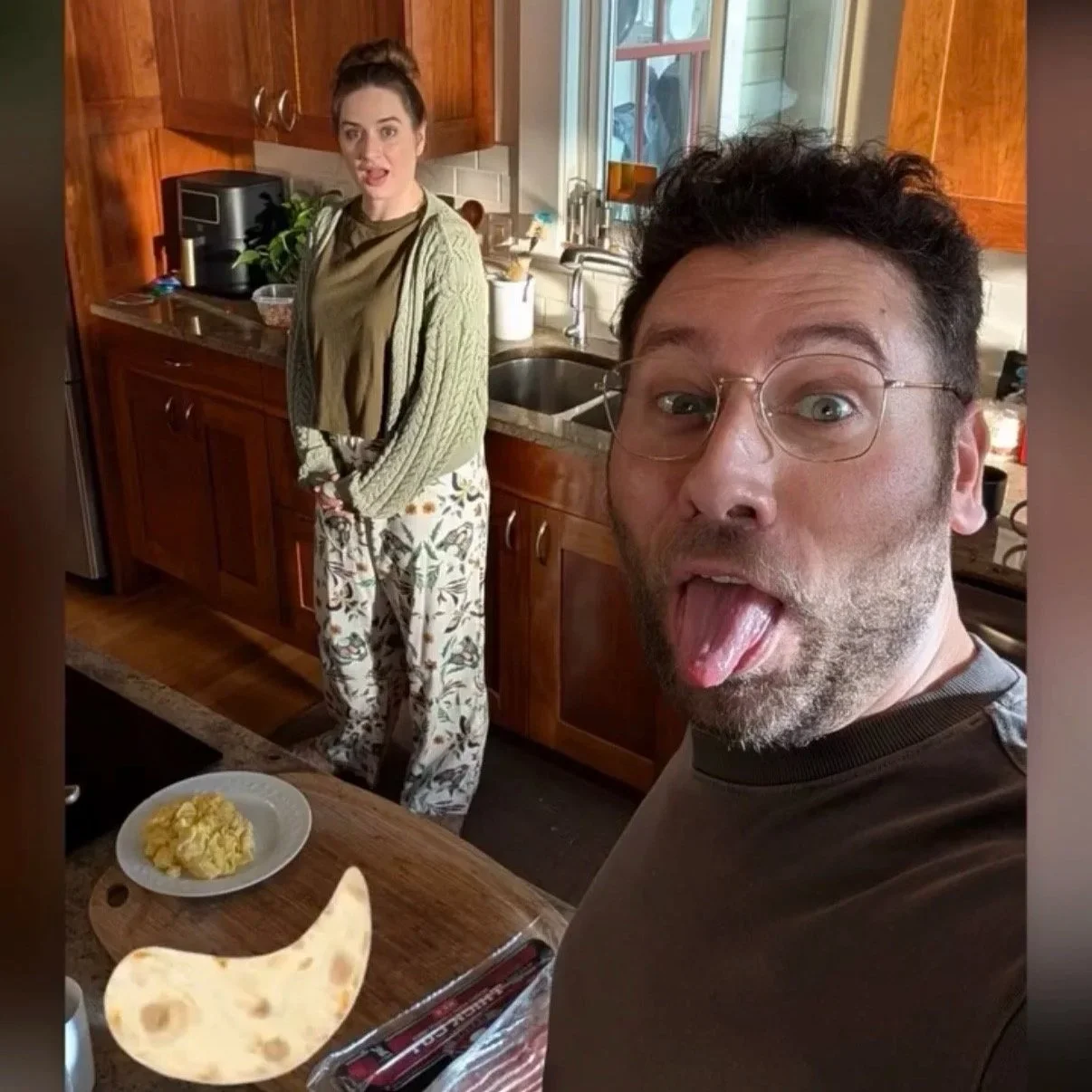 Darcy on the set of HEB's 2026 Super Bowl Commercial with fellow actor Ryan Kober