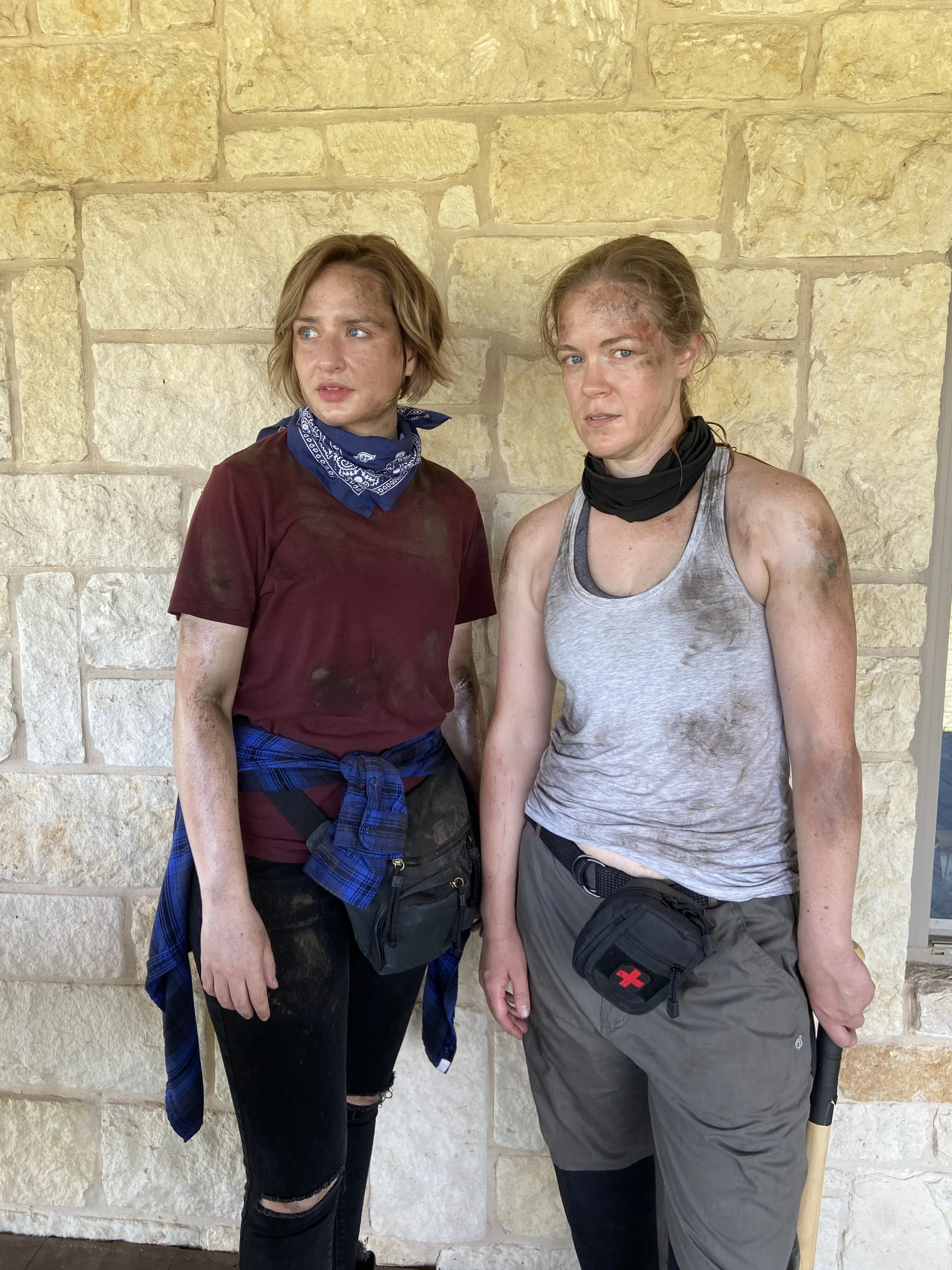 Darcy on the set of the 2023 short film "Wayward" with fellow actress Lara Williams
