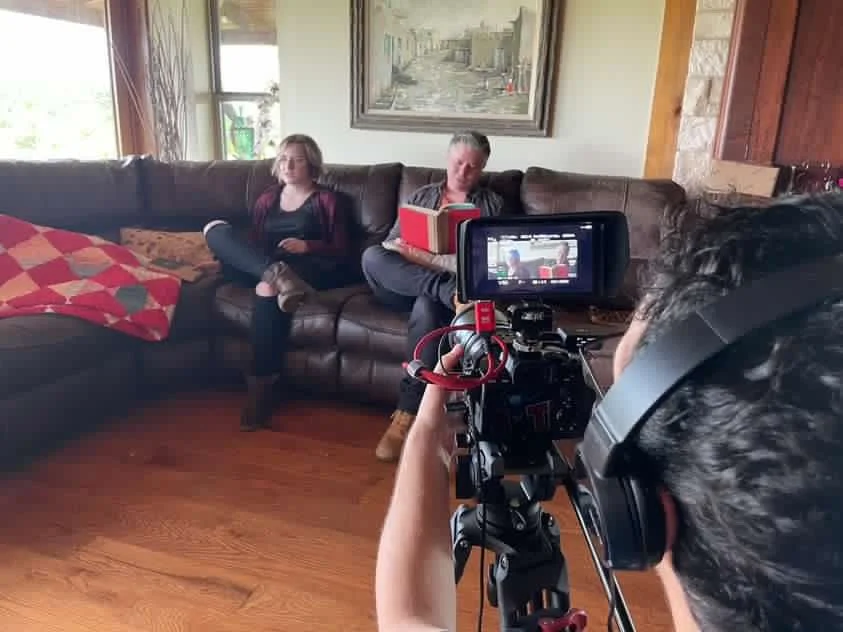 Darcy on the set of 2023 short film "Wayward" with actor, Casey Hess, and director Carlos Rosales