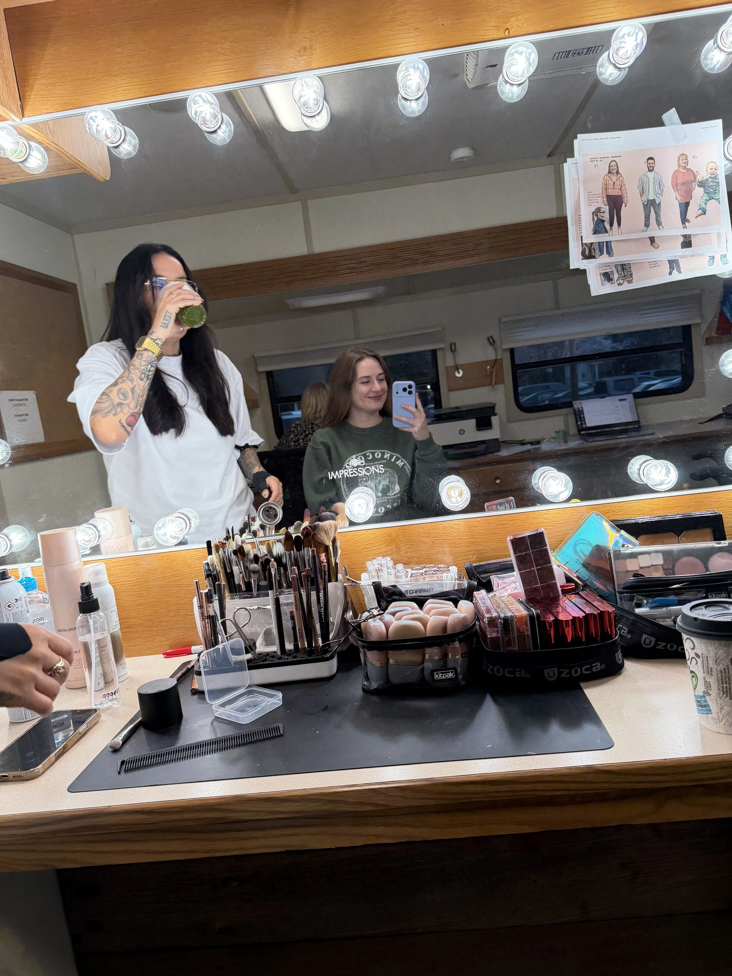 Darcy in makeup trailer for HEB's 2026 Super Bowl Commercial
