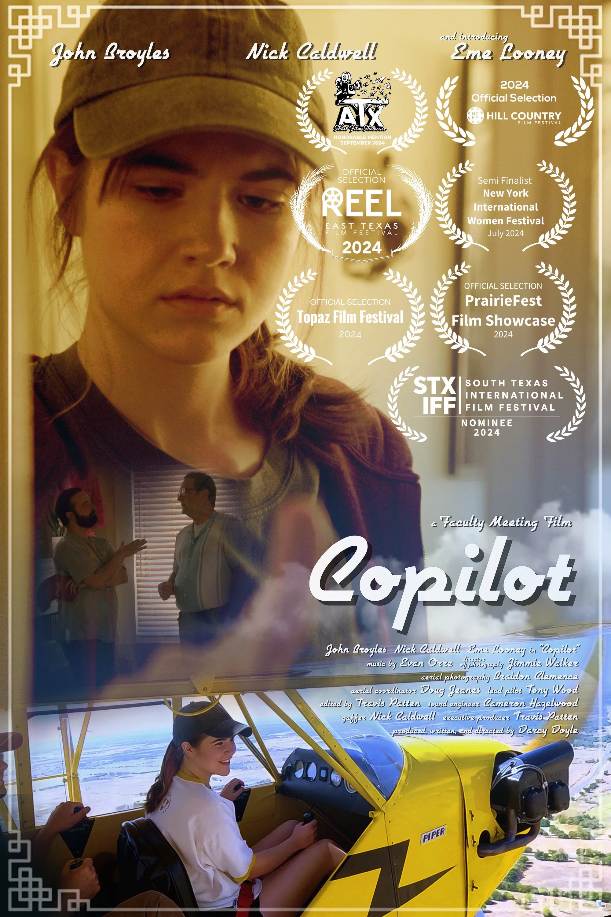 Poster for the film "Copilot" featuring images of a young woman pilot in the cockpit and an older man and woman in a discussion. The poster includes accolades and festival selections for 2024.