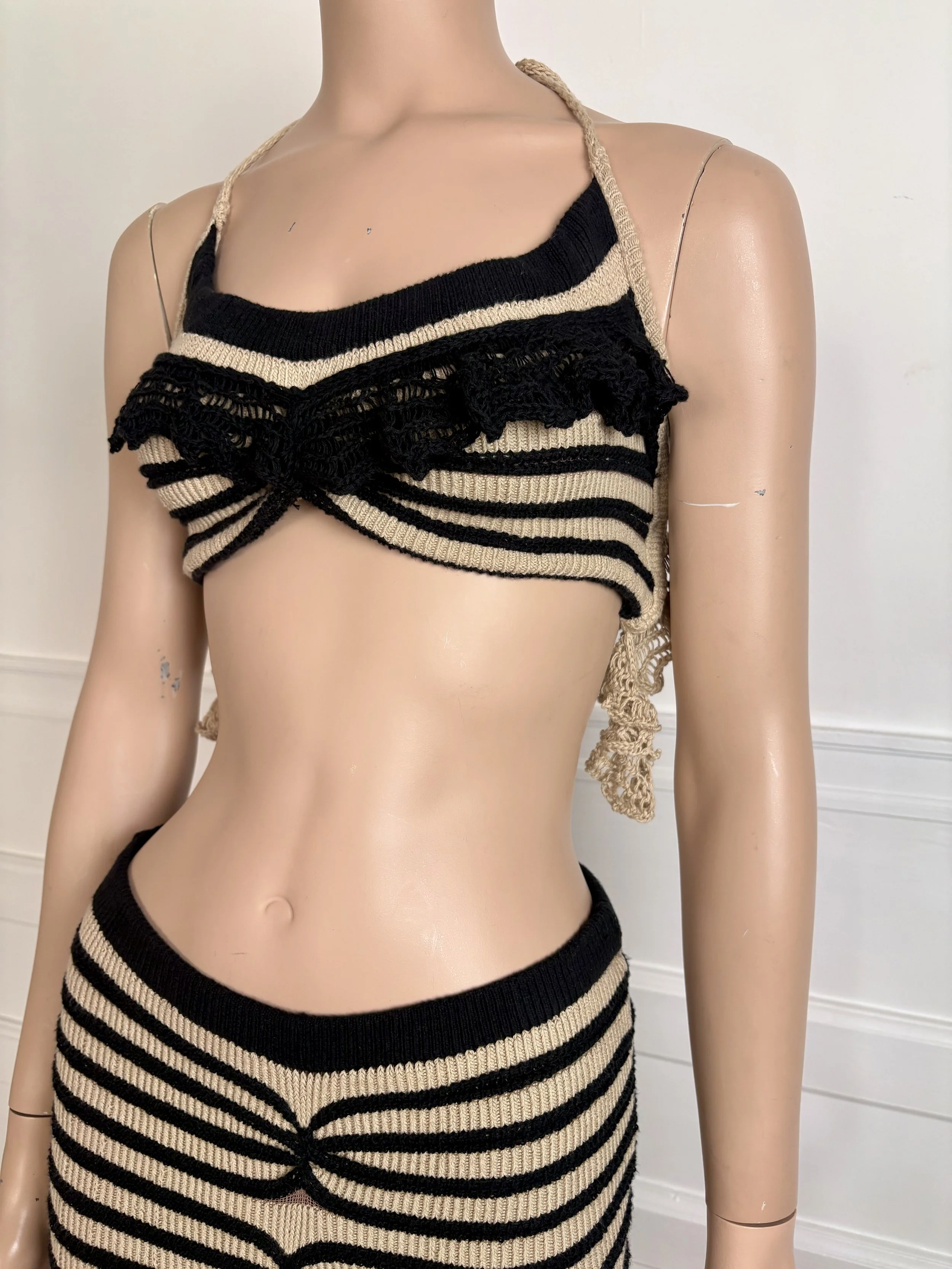 Cream and Black Mini Striped Knit Top