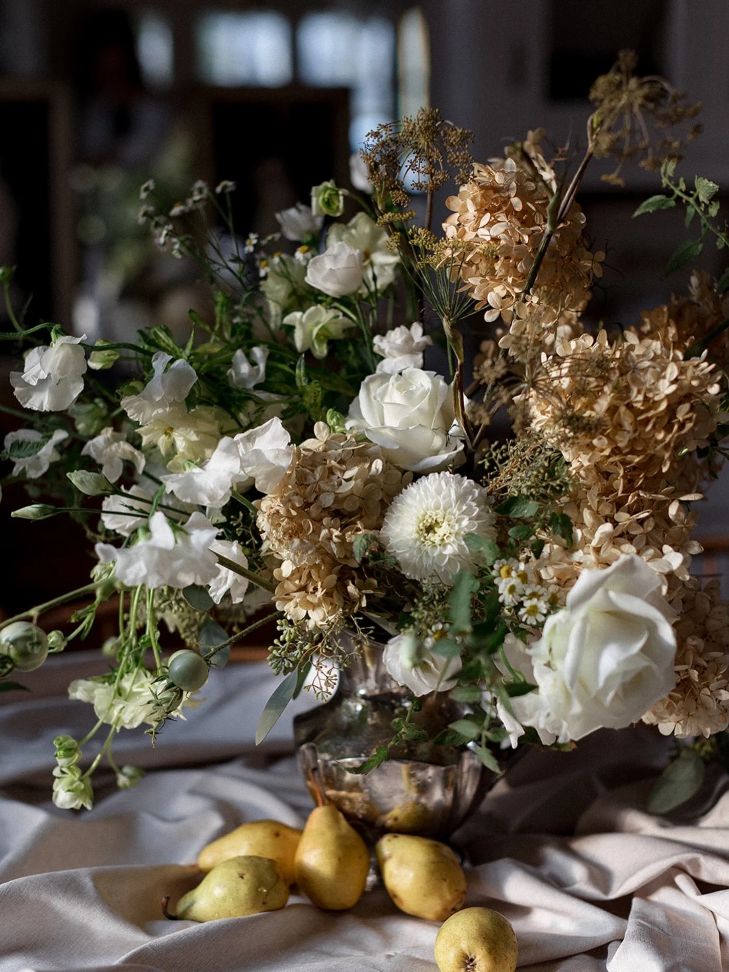 Autumn as ripe pears, dried hydrangea blossoms, white dahlias &amp; the last tendrils of summer&rsquo;s tomato vines
