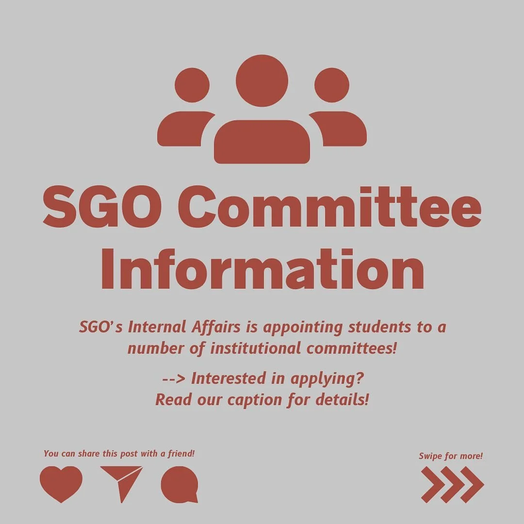 Calling all Swatties!! You can apply to be on an SGO Committee today :) Applications are due on Monday, September 26 at 11:59PM. 

Click the link in our bio to read more on each committee and apply by Monday, Sep 26 at 11:59 PM. 

You may also check 