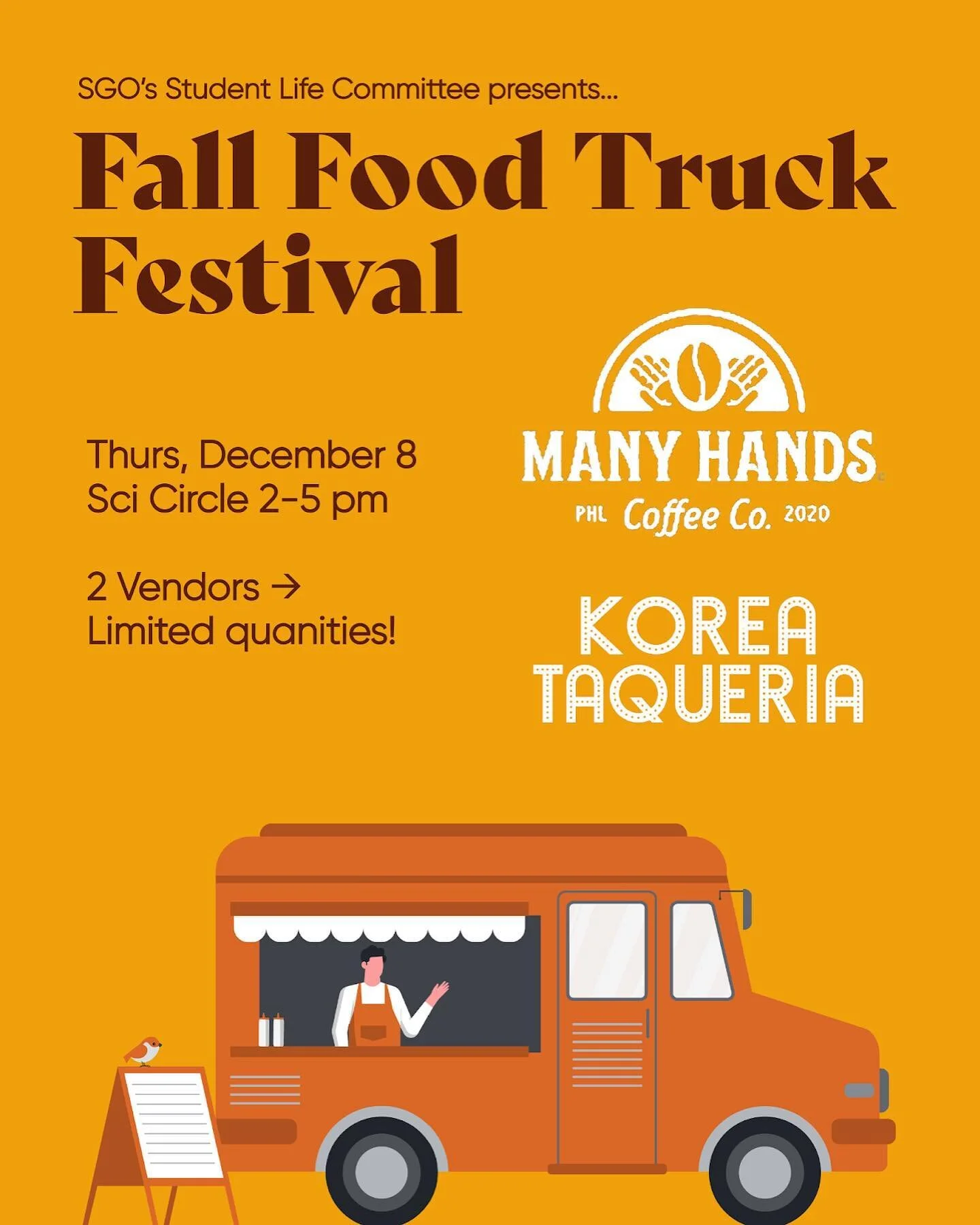 FOOD TRUCK FESTIVAL THIS THURSDAY!!

Join SGO Student Life for the Fall Food Truck Festival this Thursday from 2-5pm at Sci Circle!!