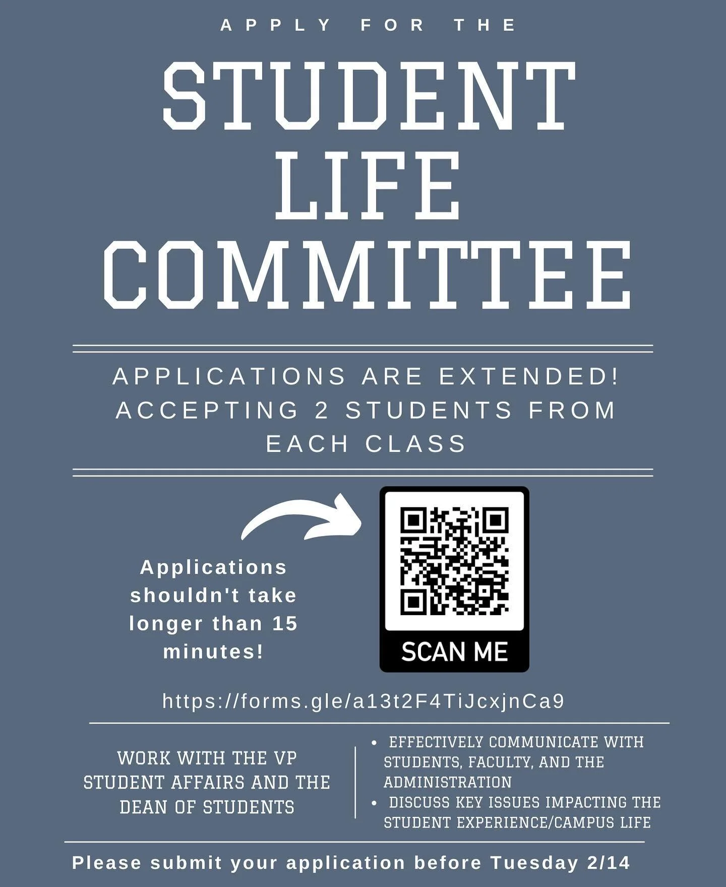 Wanna make a difference in Student Life on campus? Apply by Tuesday! Link to the form is in our bio! https://forms.gle/a13t2F4TiJcxjnCa9