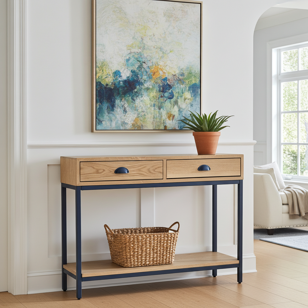 Oak Console Table - Modern Design with Metal Legs