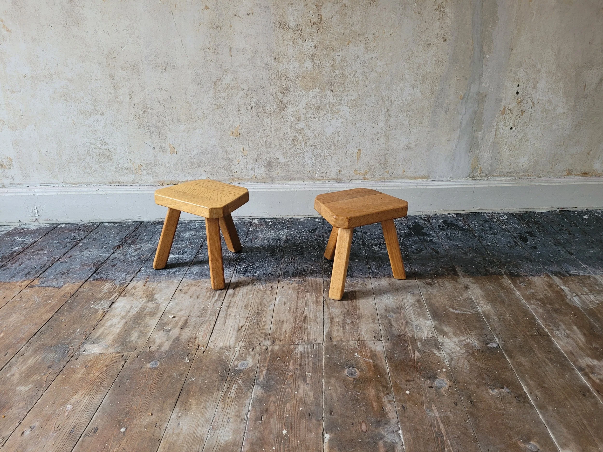 Mid century brutalist oak tripod side tables/stools - €225.00 per table.